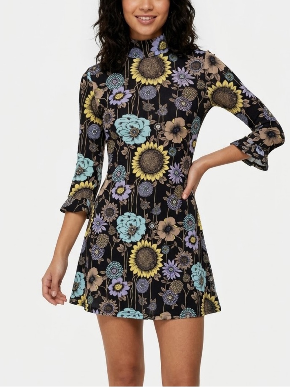 NWT MOTEL ROCKS Retro Flower Power Mini Dress Small Black Sunflower Groovy 70s